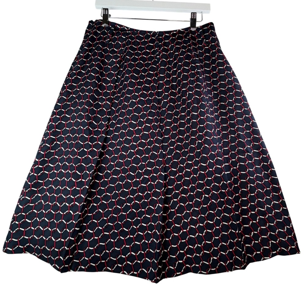 Talbots Pure Silk Chain Link Print A-Line Midi Skirt Navy Red Preppy Women 8